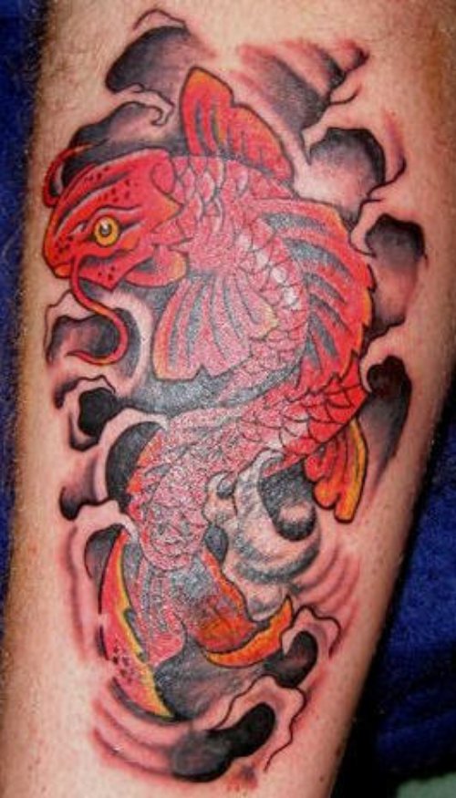 Red Ink Carp Fish Tattoo On Leg